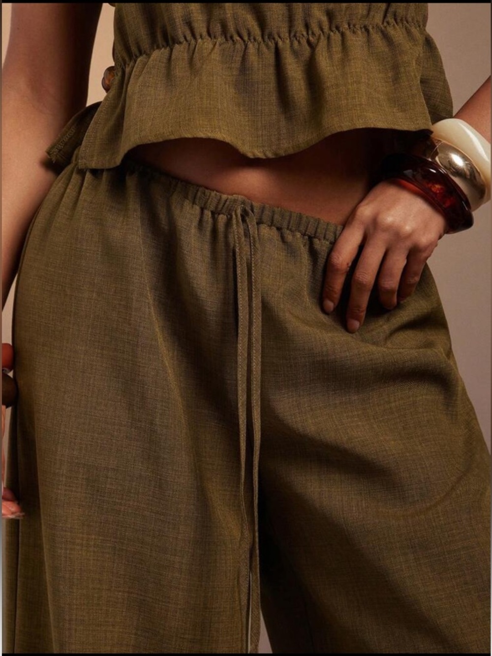 Army Green Two Piece Set Wide Leg Pants Cutout Crop Top Matching Set